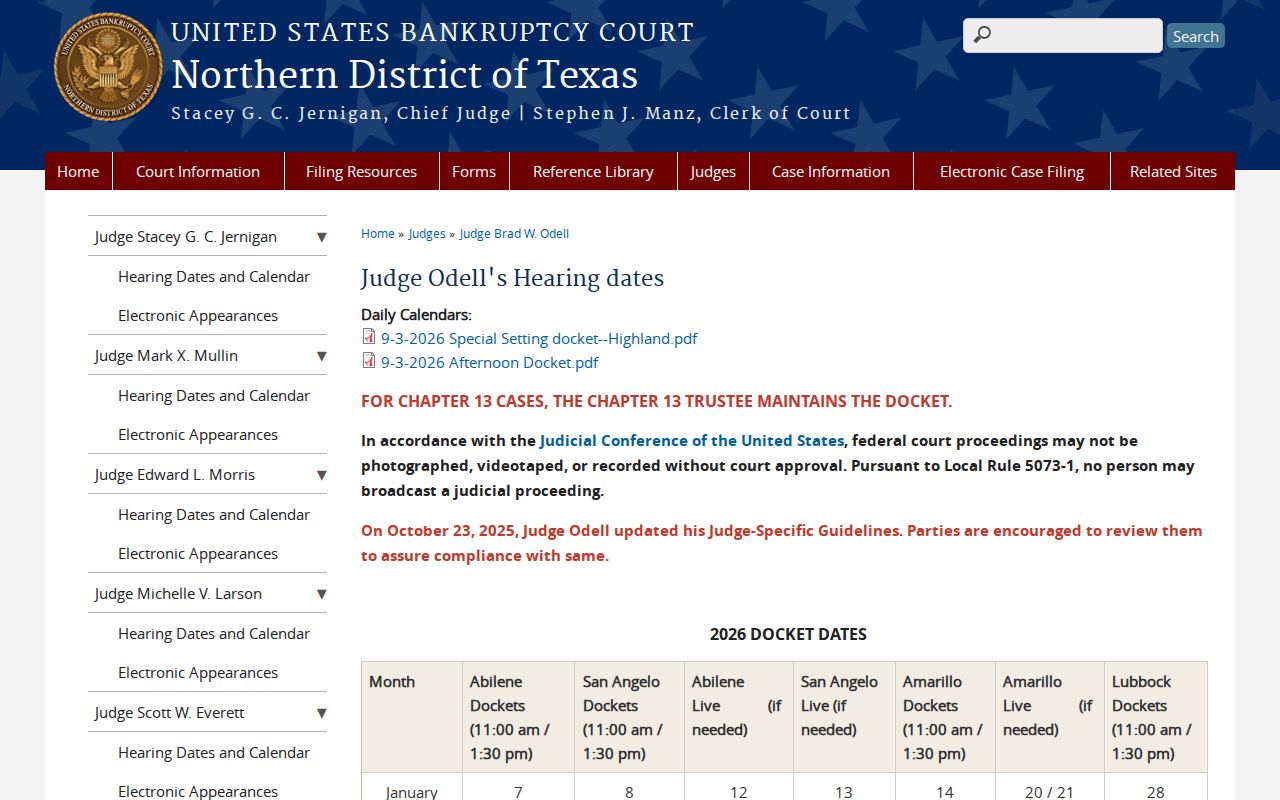 Taylor County court calendar context from Abilene bankruptcy hearing dates