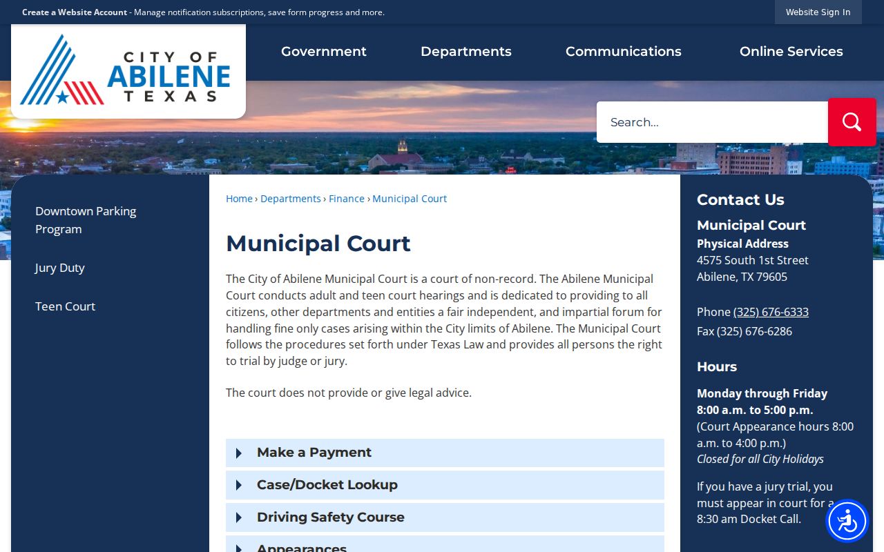 Taylor County court calendar information on the Abilene Municipal Court page